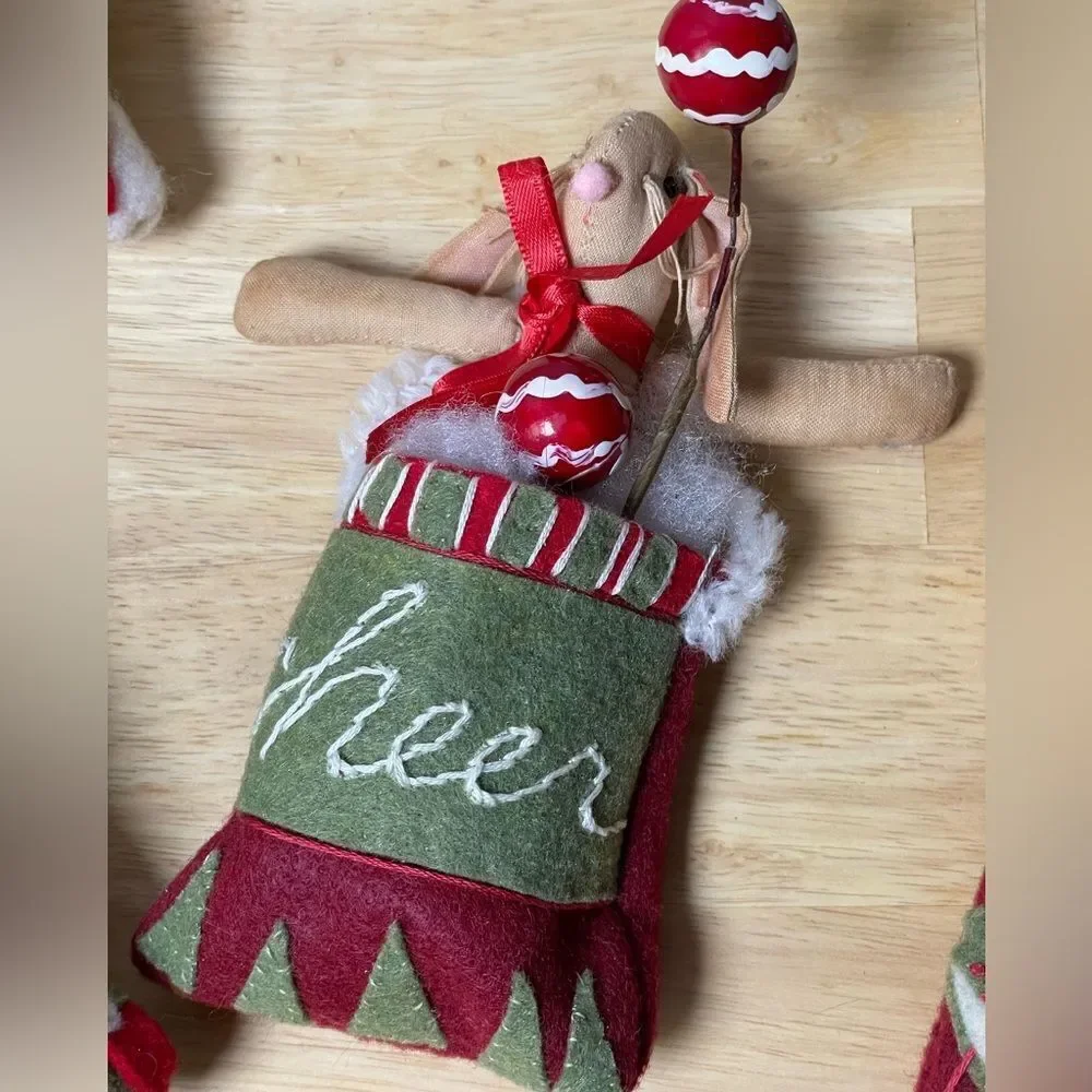Festive Holiday Ornament Set - Red, Green, White Felt Bags w/Bunnies & Cotton